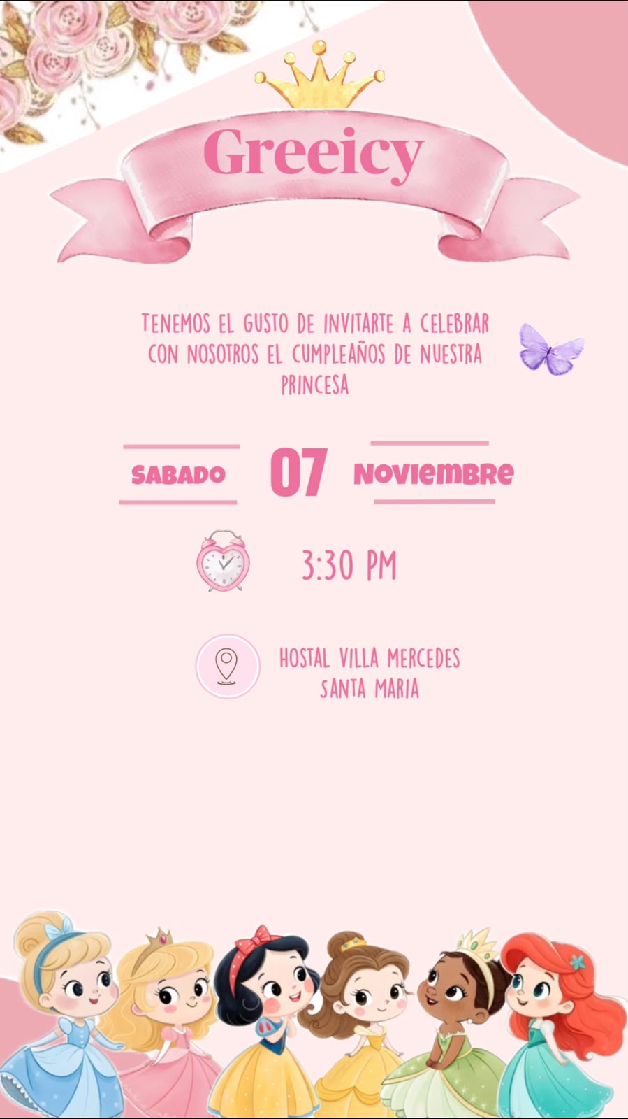 Invitación: Greeicy Abigail cumple 1 año. Hostal Villa Mercedes, Santa María, Usulután. 3:30 PM, 07/11/26.