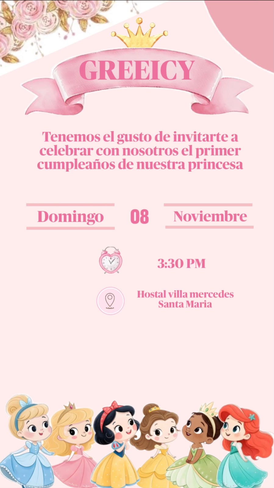 Invitación: Greeicy Abigail cumple 1 año. Hostal Villa Mercedes, Santa María, Usulután. 3:30 PM, 08/11/26.