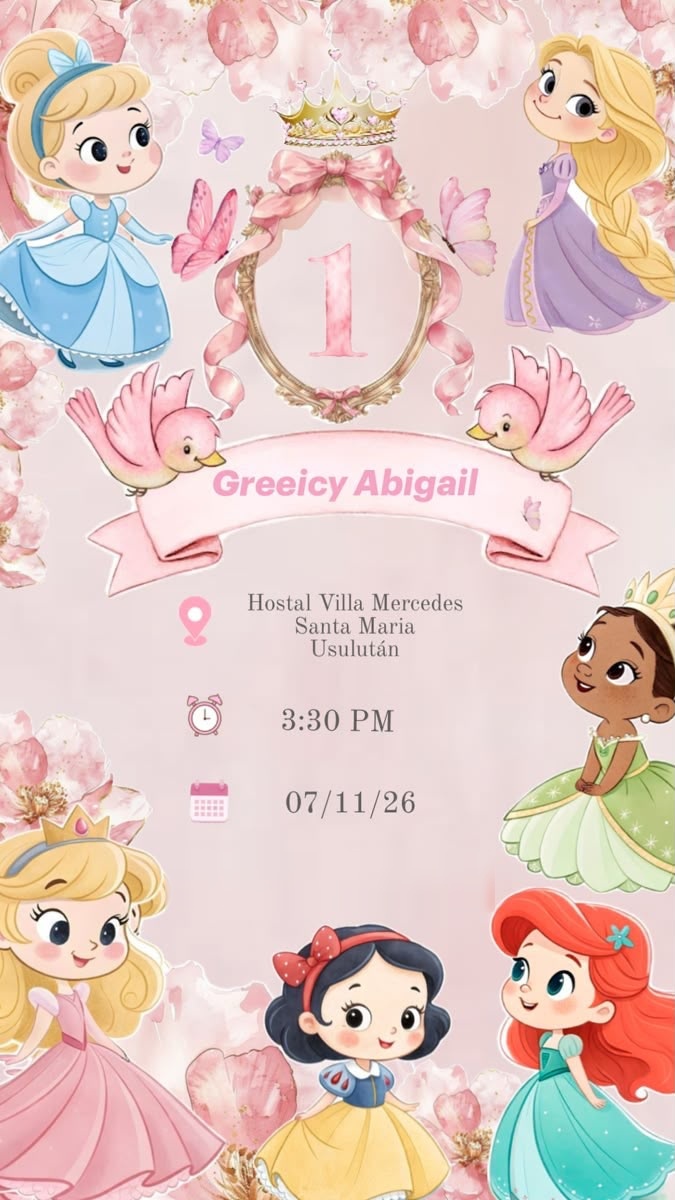 Invitación: Greeicy Abigail cumple 1 año. Hostal Villa Mercedes, Santa María, Usulután. 3:30 PM, 07/11/26.